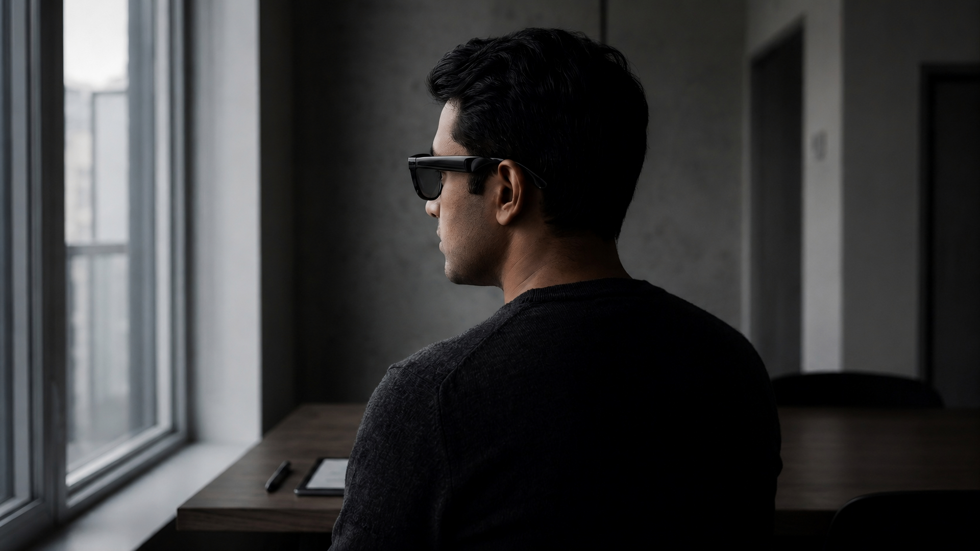 A person wearing Foboz glasses, looking out a window in soft daylight